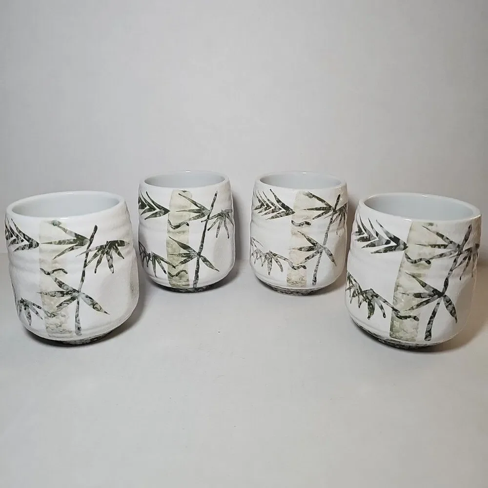 Set Of 4 Japanese Stoneware Handleless Tea Cup Yunomi Green Bamboo